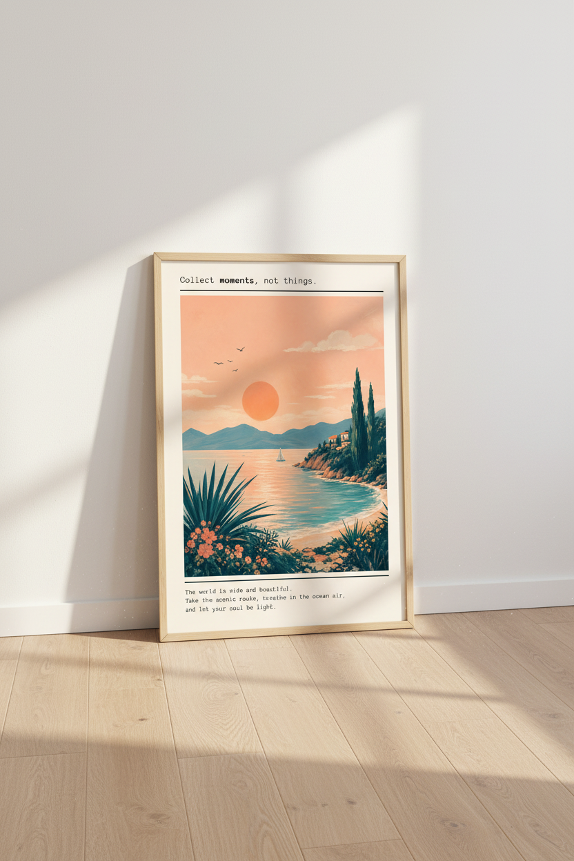 Coastal Landscape Art Print | Mediterranean Sunset Decor | Travel Quote Poster