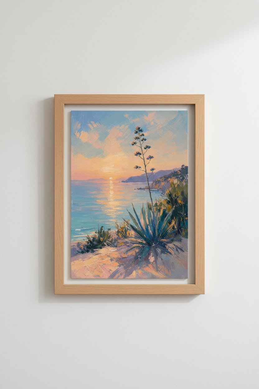 Coastal Sunset Art Print | Impressionist Ocean Decor, Desert Agave Poster