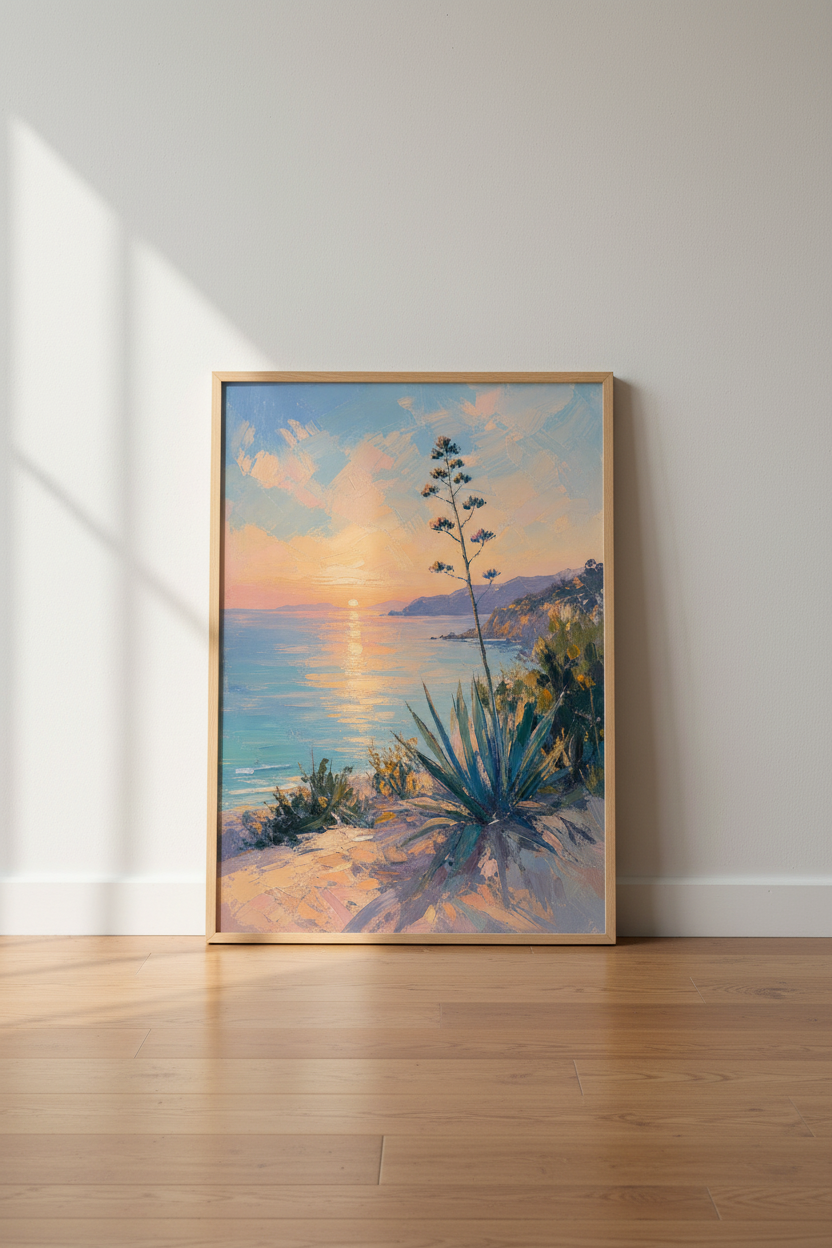 Coastal Sunset Art Print | Impressionist Ocean Decor, Desert Agave Poster