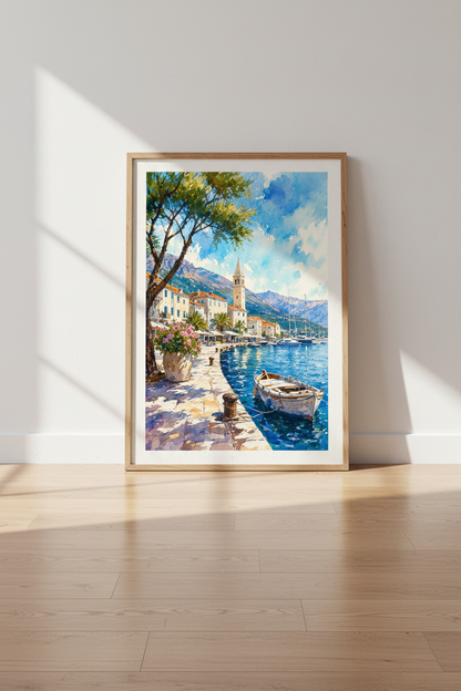Mediterranean Coastal Town Wall Art | Watercolor Blue Sea Poster, European Village Decor