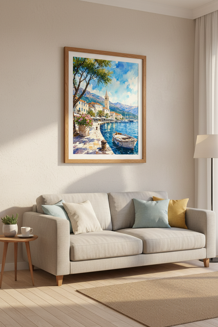 Mediterranean Coastal Town Wall Art | Watercolor Blue Sea Poster, European Village Decor