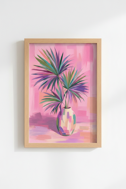 Pink Tropical Wall Art | Palm Leaf Vase Poster, Vibrant Boho Floral Print