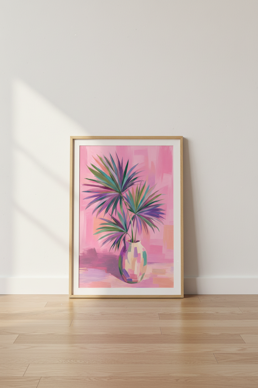 Pink Tropical Wall Art | Palm Leaf Vase Poster, Vibrant Boho Floral Print