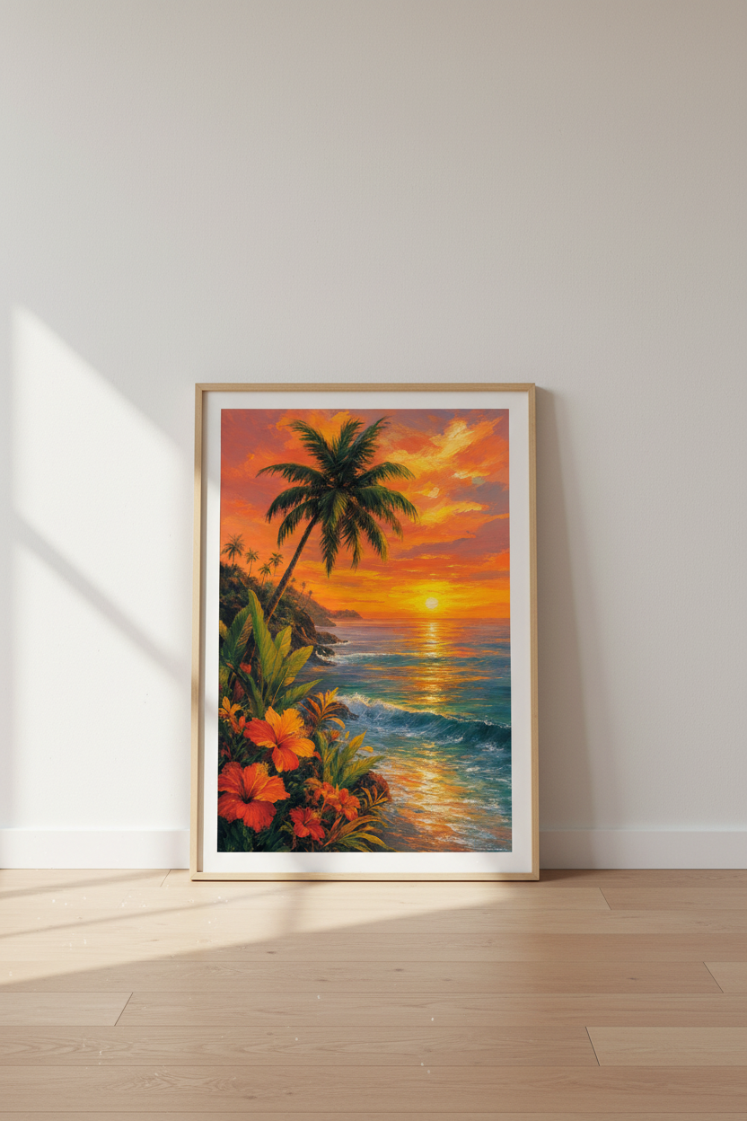 Tropical Beach Sunset Wall Art | Coastal Island Decor | Vibrant Palm Tree Poster