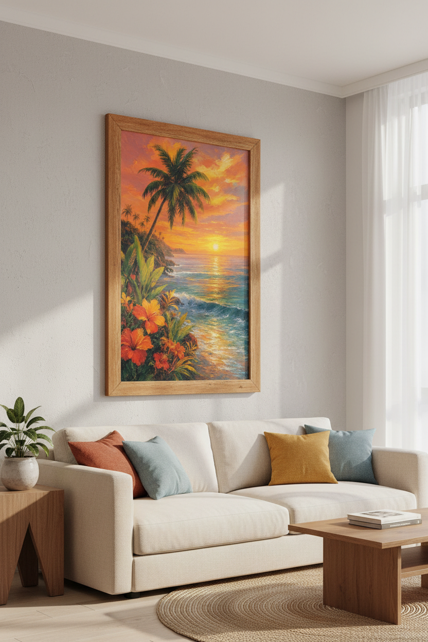 Tropical Beach Sunset Wall Art | Coastal Island Decor | Vibrant Palm Tree Poster