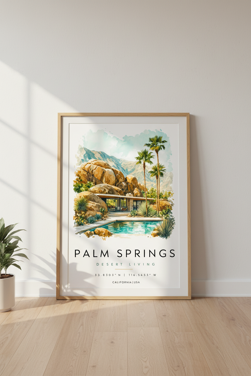 Palm Springs Desert Living Wall Art | Mid Century Modern Decor | Watercolor Travel Poster