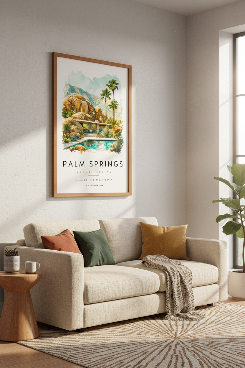Palm Springs Desert Living Wall Art | Mid Century Modern Decor | Watercolor Travel Poster