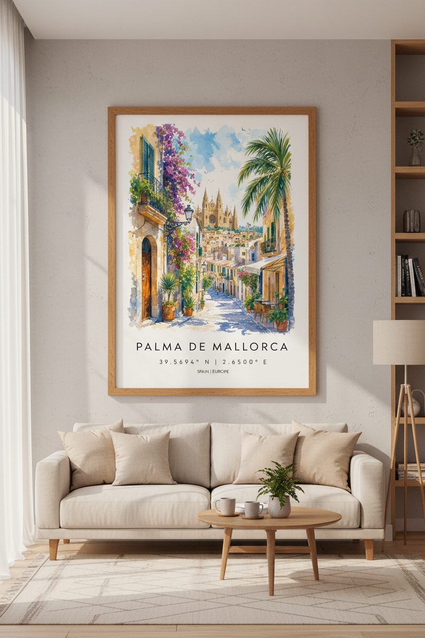 Palma de Mallorca Spain Watercolor Print | Mediterranean Travel Poster | Boho Wall Art