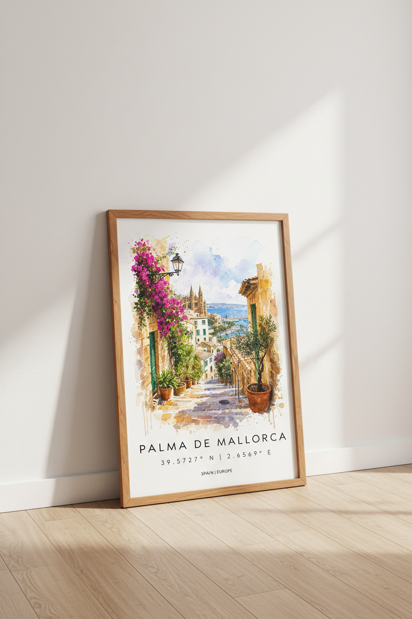 Palma de Mallorca | Spain Watercolor Wall Art, Mediterranean Travel Poster Decor