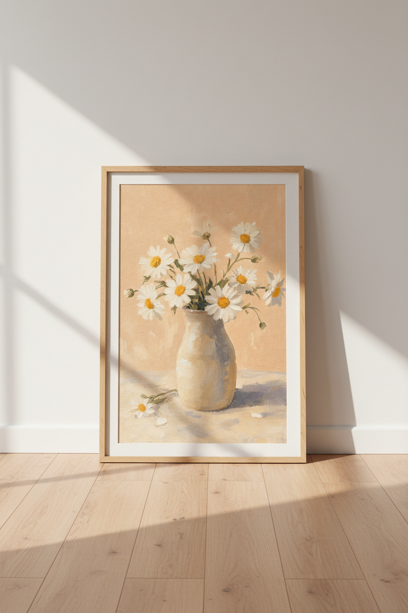 White Daisy Vase Oil Painting | Vintage Floral Wall Art Print, Cottagecore Room Decor