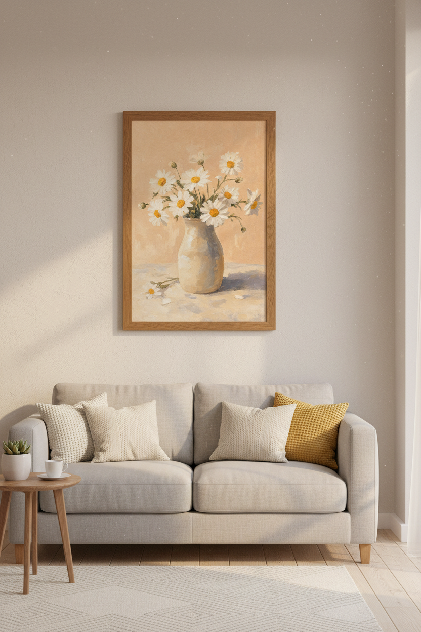 White Daisy Vase Oil Painting | Vintage Floral Wall Art Print, Cottagecore Room Decor