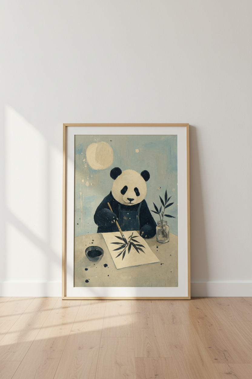 Panda Artist Wall Art Print | Muted Blue Nursery Decor | Whimsical Animal Poster