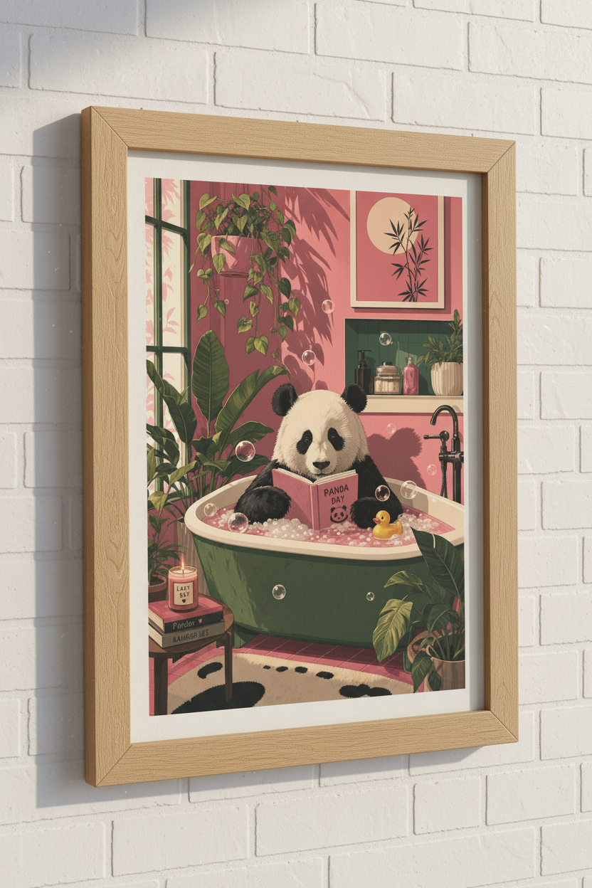 Panda in Bathtub Art Print | Pink Bathroom Decor | Whimsical Animal Poster