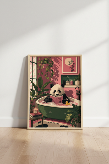 Panda in Bathtub Art Print | Pink Bathroom Decor | Whimsical Animal Poster