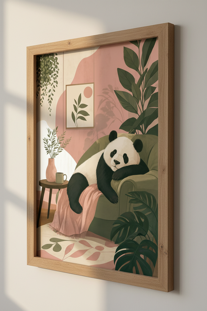 Cozy Panda on Armchair Wall Art | Sage &amp; Blush Botanical Decor | Boho Animal Poster