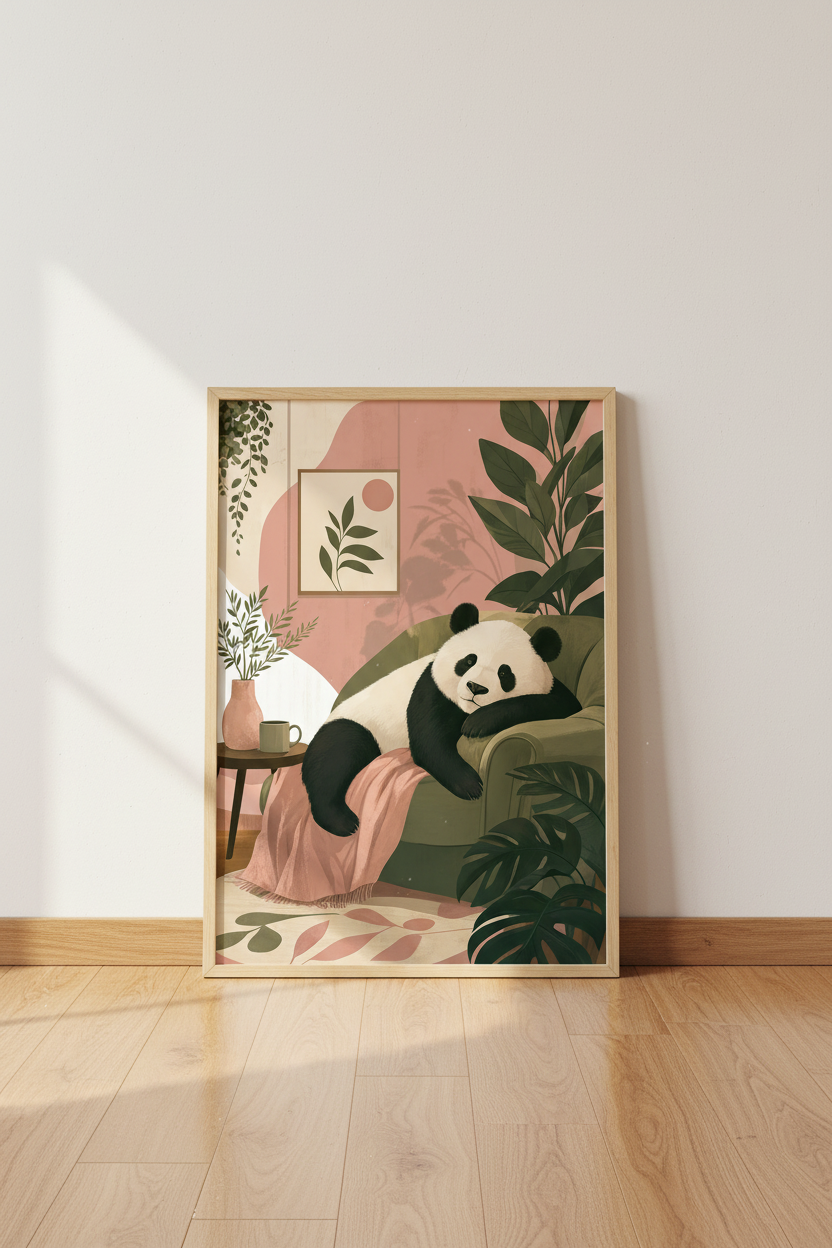 Cozy Panda on Armchair Wall Art | Sage &amp; Blush Botanical Decor | Boho Animal Poster