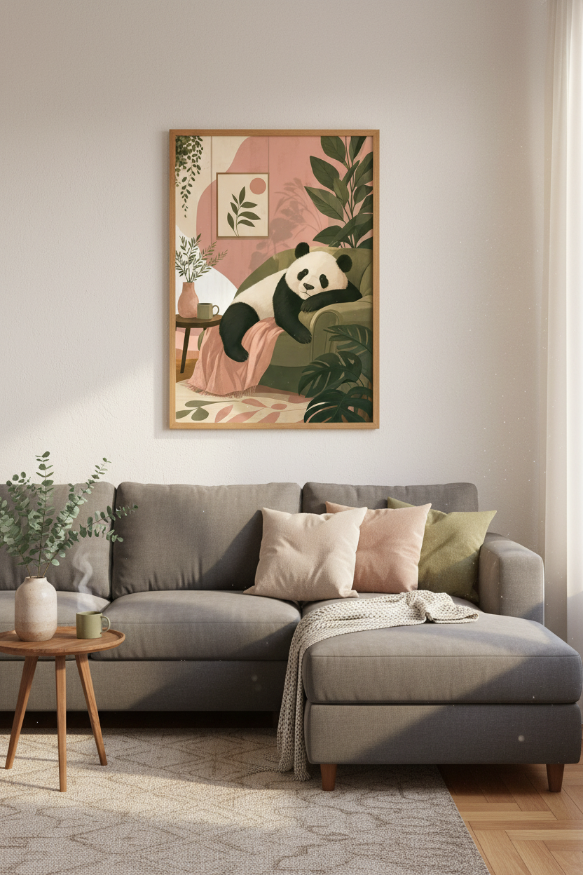 Cozy Panda on Armchair Wall Art | Sage &amp; Blush Botanical Decor | Boho Animal Poster