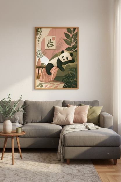 Cozy Panda on Armchair Wall Art | Sage &amp; Blush Botanical Decor | Boho Animal Poster