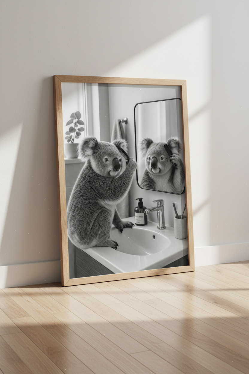 Koala in Bathroom Wall Art | Black and White Animal Print, Funny Nursery Decor