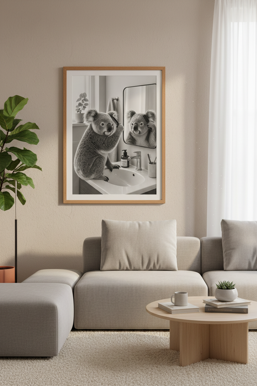 Koala in Bathroom Wall Art | Black and White Animal Print, Funny Nursery Decor