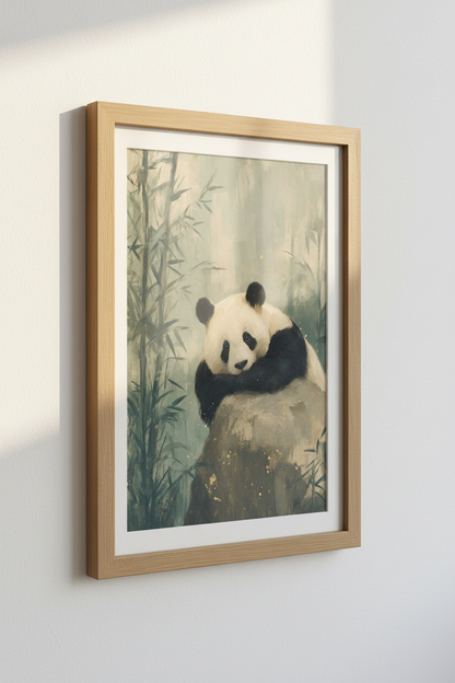 Giant Panda | Oil Painting Style, Sage Green Bamboo Decor | Zen Nursery Poster