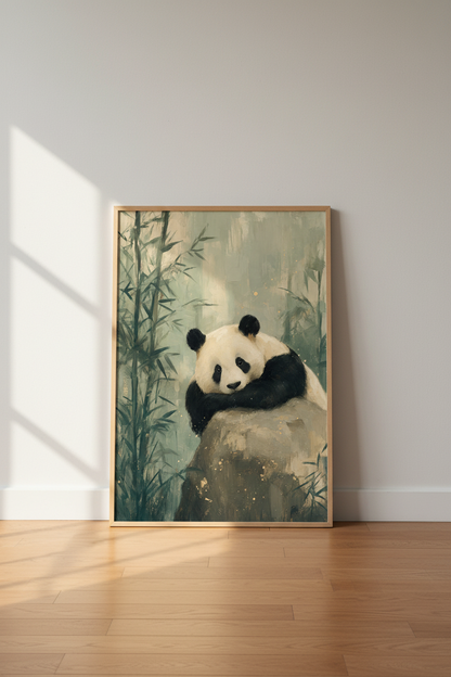 Giant Panda | Oil Painting Style, Sage Green Bamboo Decor | Zen Nursery Poster