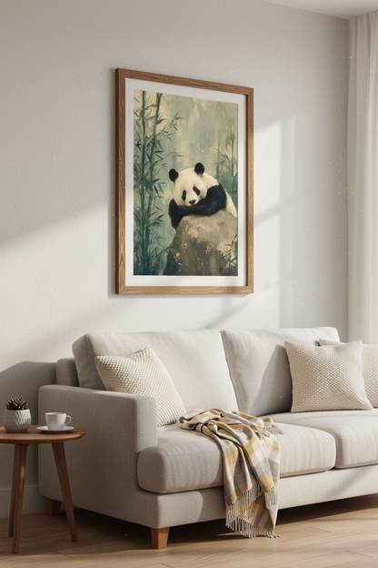 Giant Panda | Oil Painting Style, Sage Green Bamboo Decor | Zen Nursery Poster