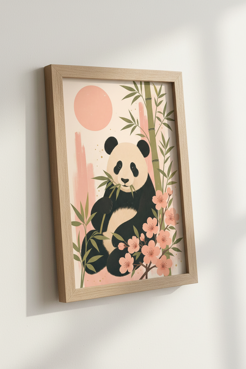 Panda Bear Wall Art | Pink Cherry Blossom &amp; Bamboo Print, Nursery Decor