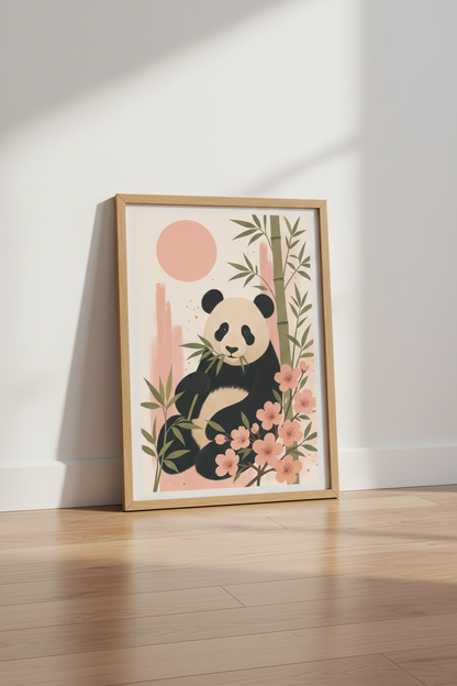Panda Bear Wall Art | Pink Cherry Blossom &amp; Bamboo Print, Nursery Decor