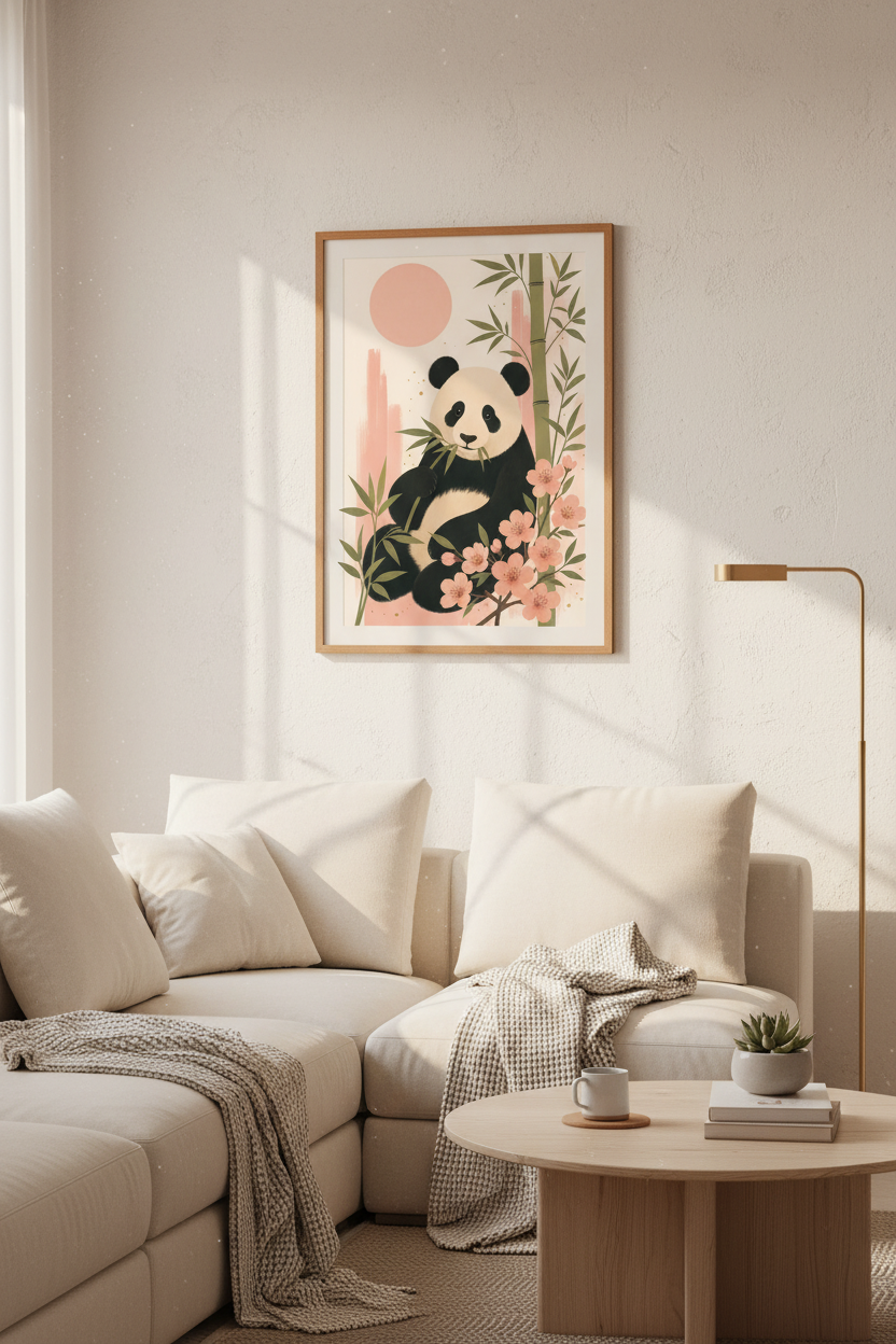 Panda Bear Wall Art | Pink Cherry Blossom &amp; Bamboo Print, Nursery Decor