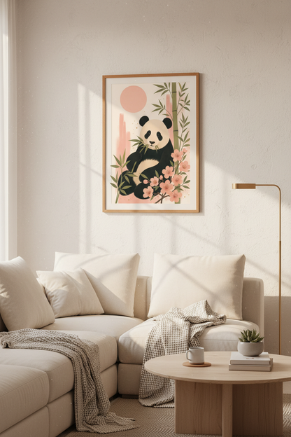 Panda Bear Wall Art | Pink Cherry Blossom &amp; Bamboo Print, Nursery Decor