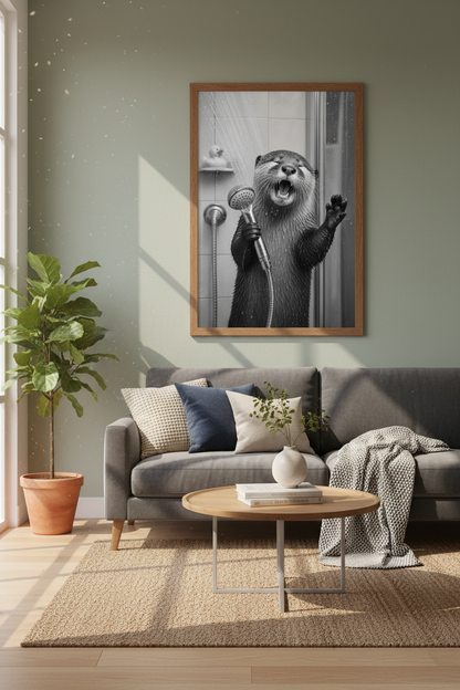 Singing Otter in Shower | Funny Black and White Photography, Bathroom Wall Art