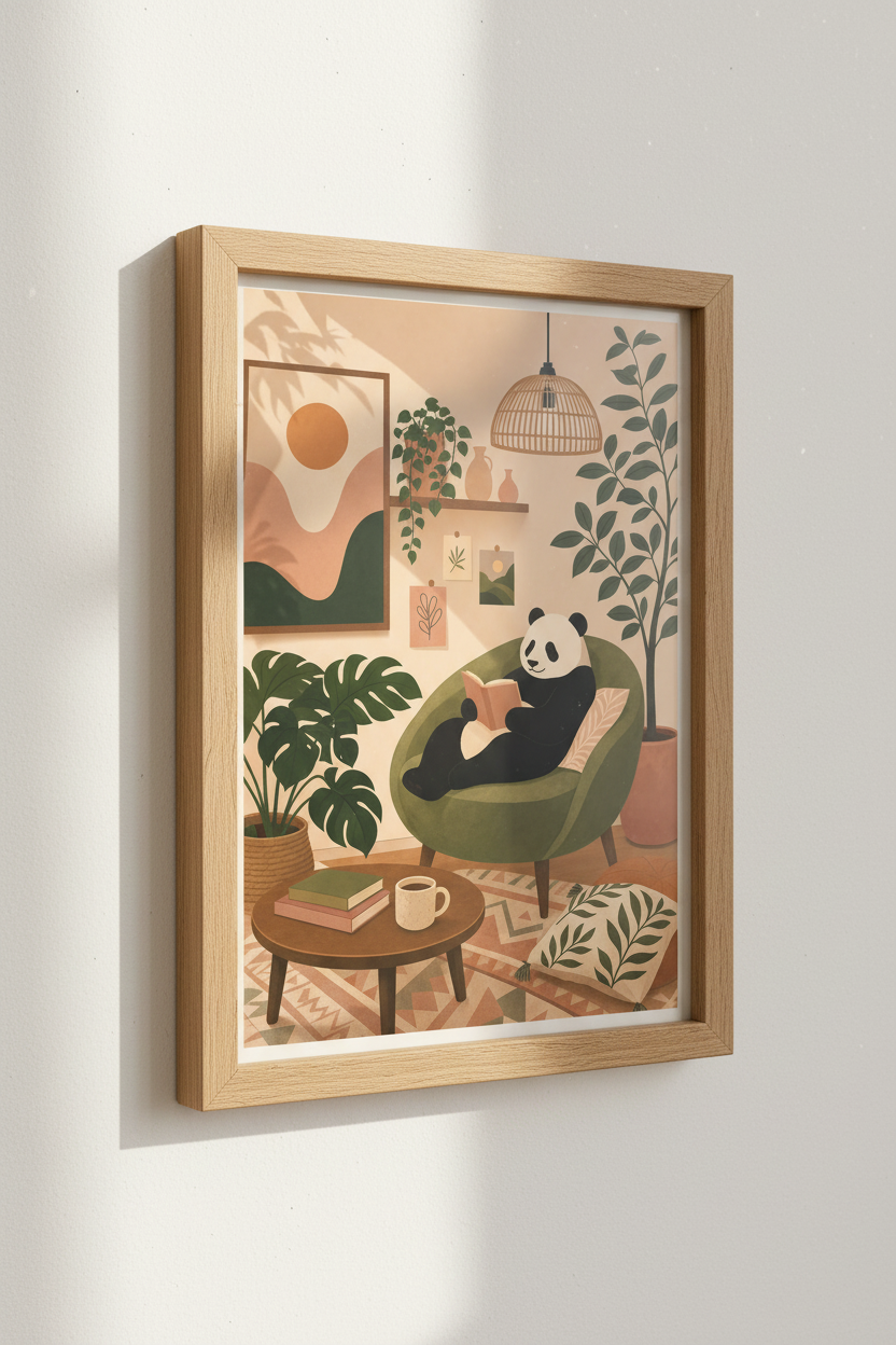 Panda Reading Wall Art | Cozy Earth Tones, Reading Nook Decor | Japandi Poster