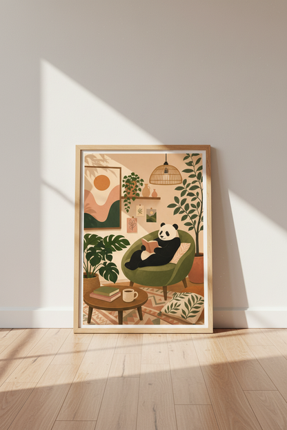 Panda Reading Wall Art | Cozy Earth Tones, Reading Nook Decor | Japandi Poster