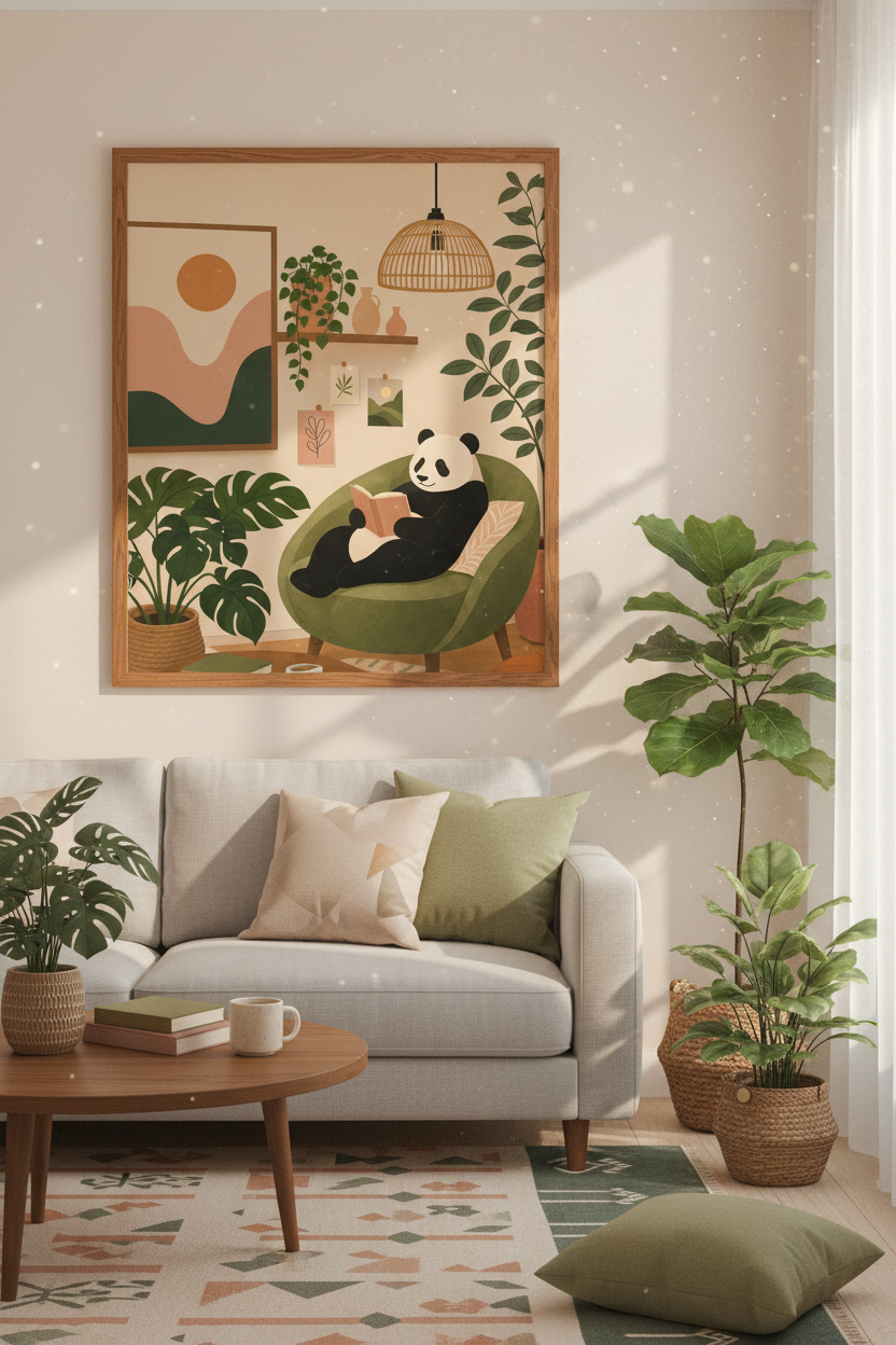 Panda Reading Wall Art | Cozy Earth Tones, Reading Nook Decor | Japandi Poster