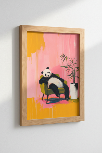 Panda in Armchair Wall Art | Pink &amp; Yellow Modern Decor | Whimsical Animal Poster