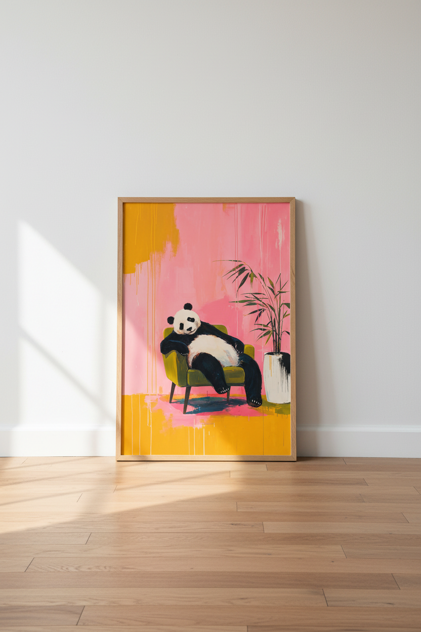 Panda in Armchair Wall Art | Pink &amp; Yellow Modern Decor | Whimsical Animal Poster