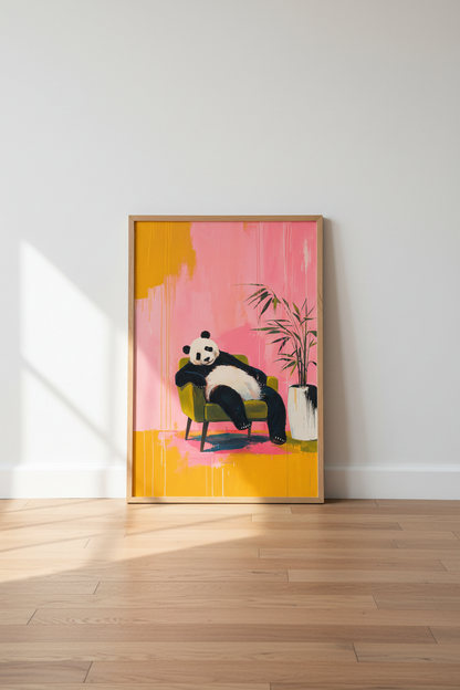 Panda in Armchair Wall Art | Pink &amp; Yellow Modern Decor | Whimsical Animal Poster