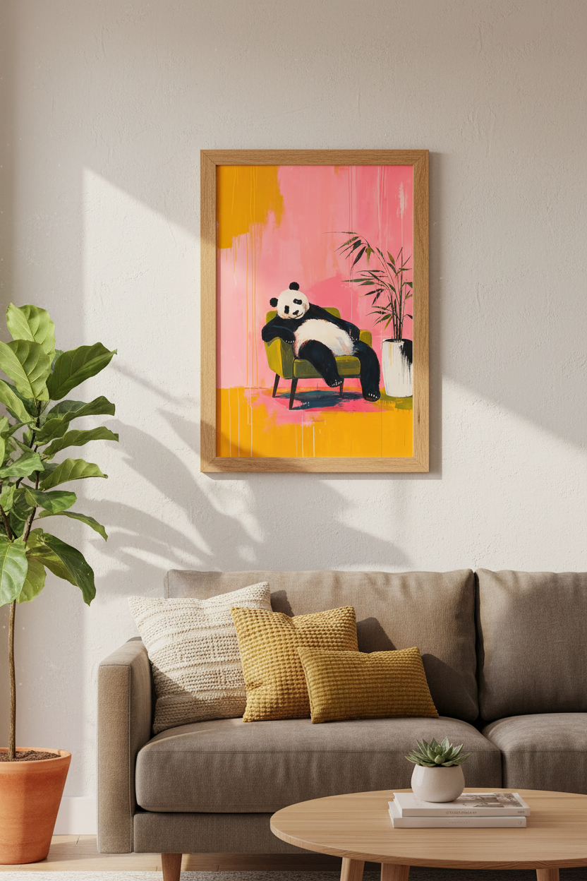 Panda in Armchair Wall Art | Pink &amp; Yellow Modern Decor | Whimsical Animal Poster