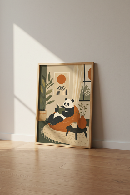Reading Panda Wall Art | Earthy Boho Mid Century Print, Nursery Decor
