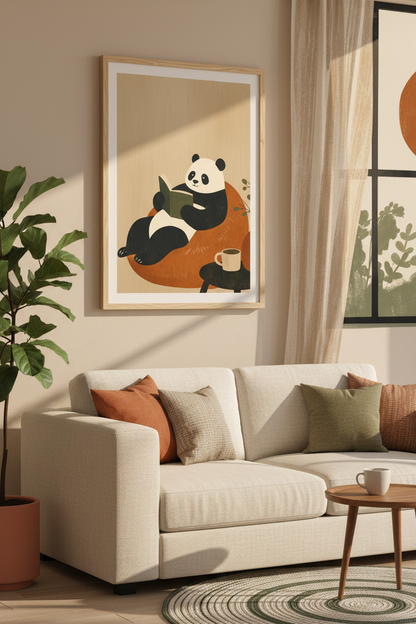 Reading Panda Wall Art | Earthy Boho Mid Century Print, Nursery Decor