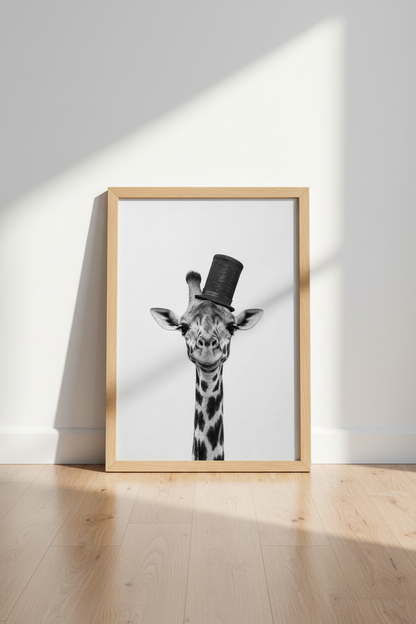Giraffe in Top Hat Wall Art | Black and White Animal Poster | Quirky Nursery Decor