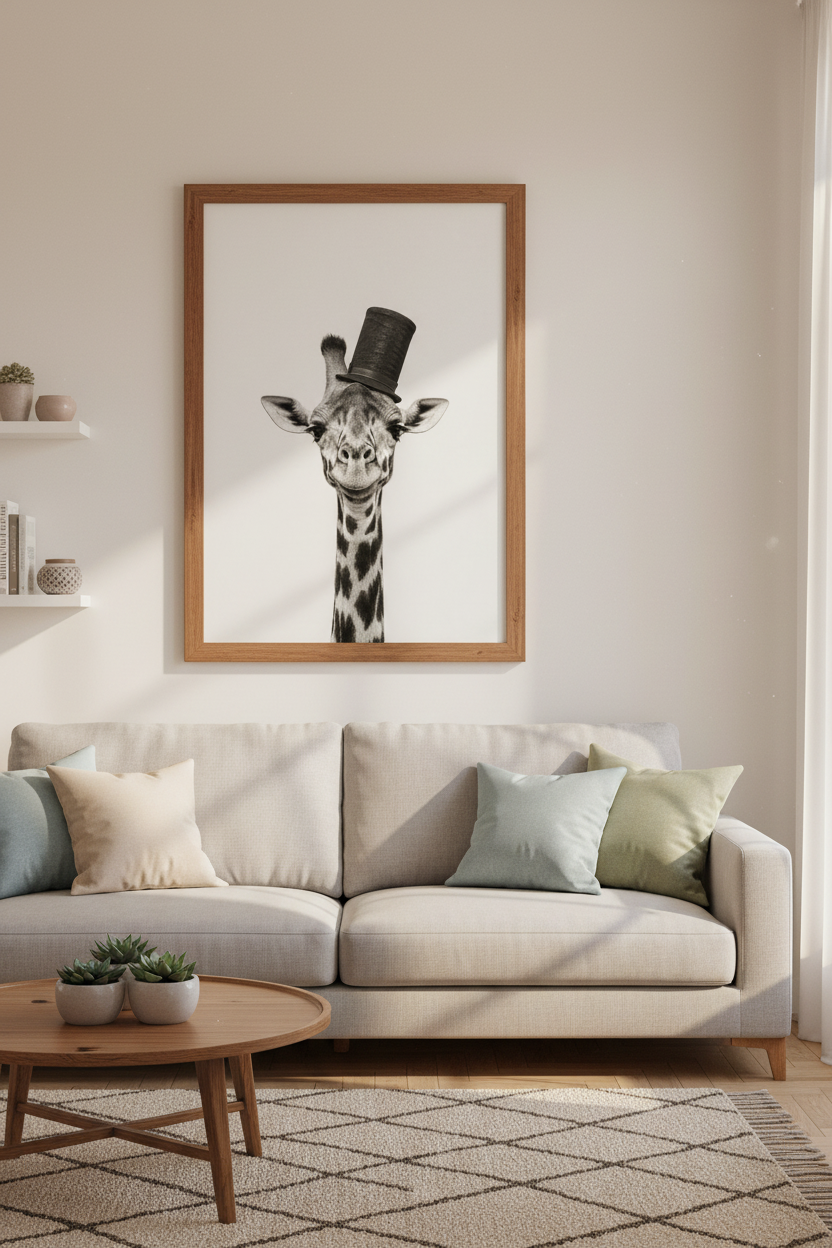 Giraffe in Top Hat Wall Art | Black and White Animal Poster | Quirky Nursery Decor