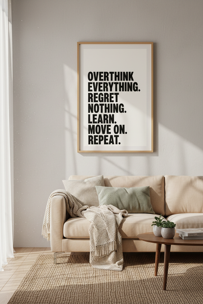 Overthink Everything Quote Wall Art | Minimalist Typography Poster, Home Office Art