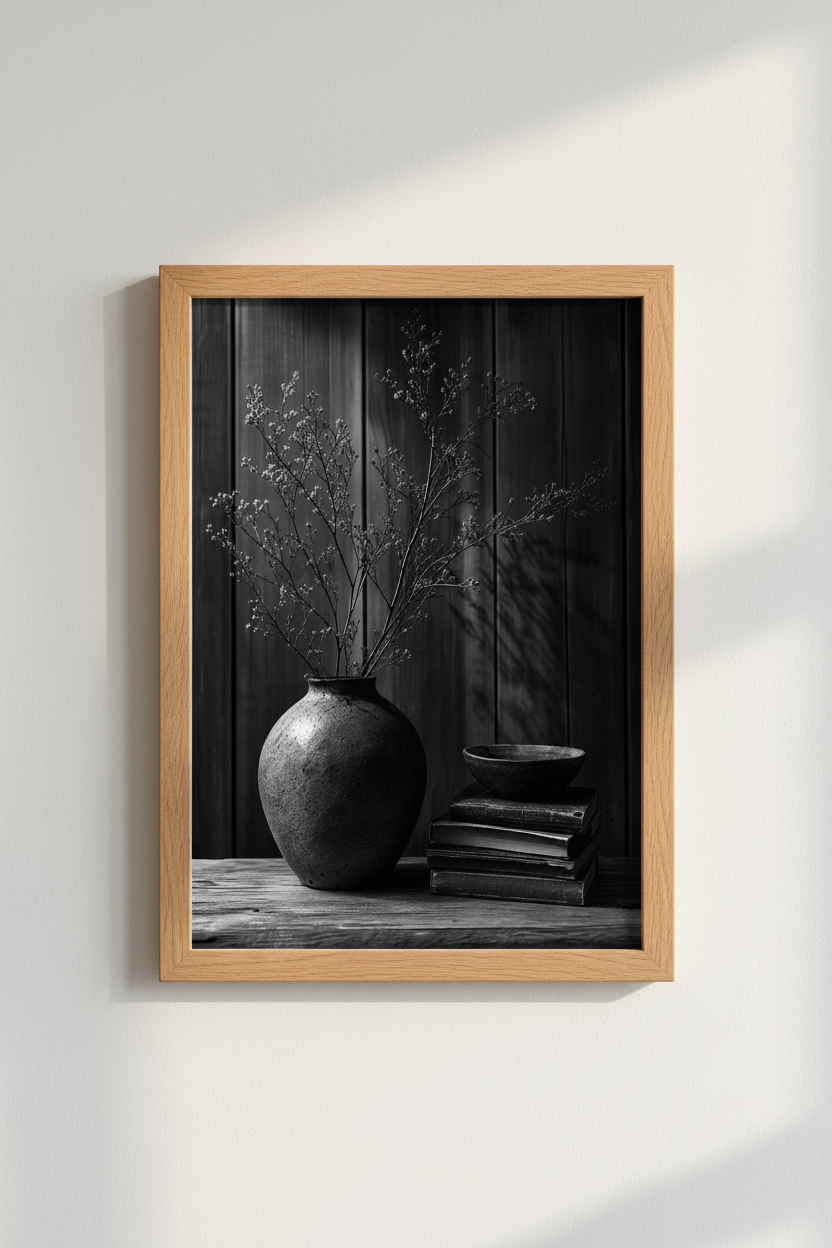 Moody Still Life Art Print | Rustic Black and White Photography | Minimalist Vase Poster