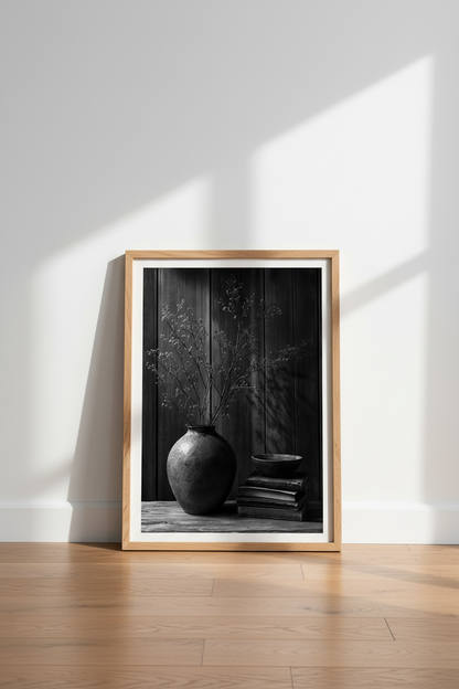 Moody Still Life Art Print | Rustic Black and White Photography | Minimalist Vase Poster