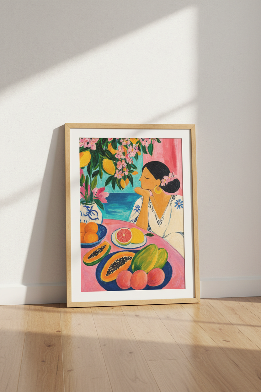 Mediterranean Woman &amp; Fruit Wall Art | Pink Coastal Kitchen Decor | Maximalist Poster
