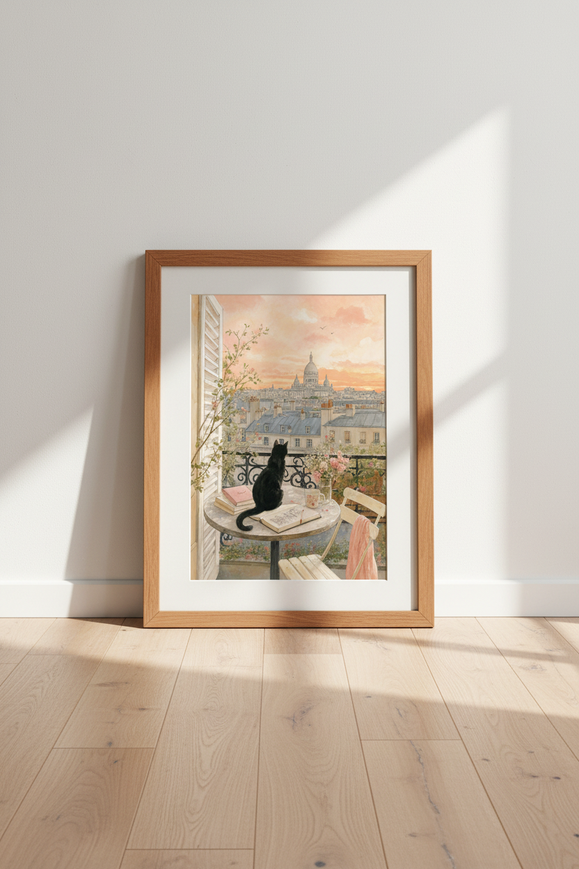 Paris Black Cat Watercolor Wall Art | Balcony Sunset Decor | Whimsical Poster