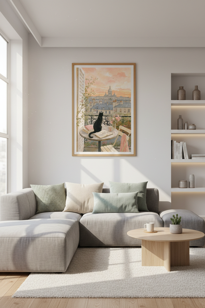 Paris Black Cat Watercolor Wall Art | Balcony Sunset Decor | Whimsical Poster