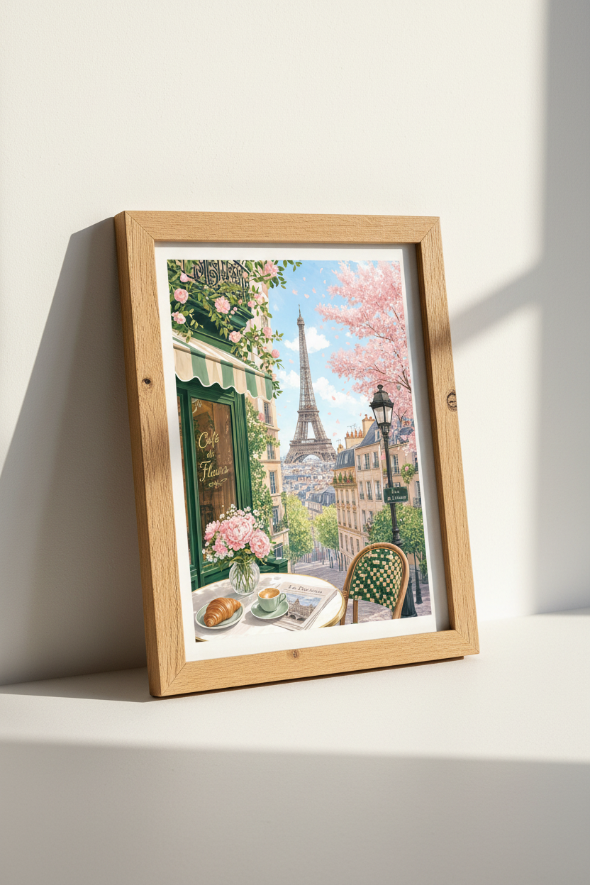 Paris Cafe Eiffel Tower Wall Art | Pastel Floral French Decor | Romantic Poster